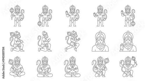 Collection of Hindu deity Hanuman icons in various poses and forms, representing strength, devotion, and courage