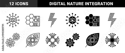 Hybrid cybernetic evolution icons merging organic nature with digital technology through circuit leaf designs and neural processor hardware symbols