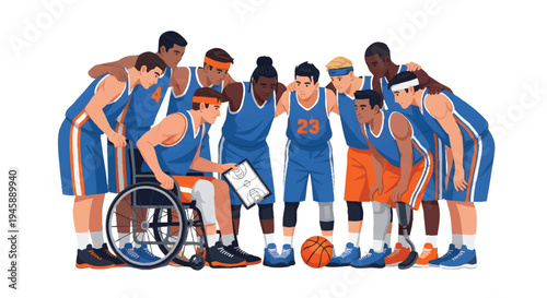 Diverse basketball team huddled together with player in wheelchair