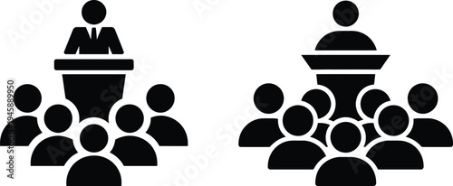 Two contrasting public speaking scenarios depicted with audience engagement icons