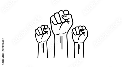 Three black and white line art fists raised together symbolize unity, protest,.