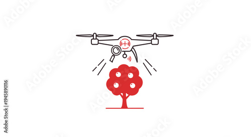 Drone spraying red flower tree.