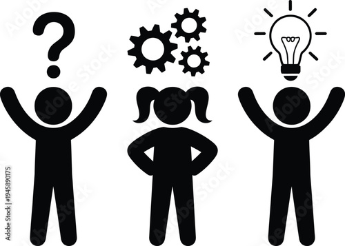 Illustration depicting stages of problem-solving and innovation with icons