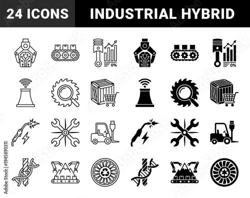 Industrial Manufacturing and Sustainable Technology Icons Featuring Hybrid Concepts Like Robotic Claws with Circuitry and DNA Strands with Drill Bits