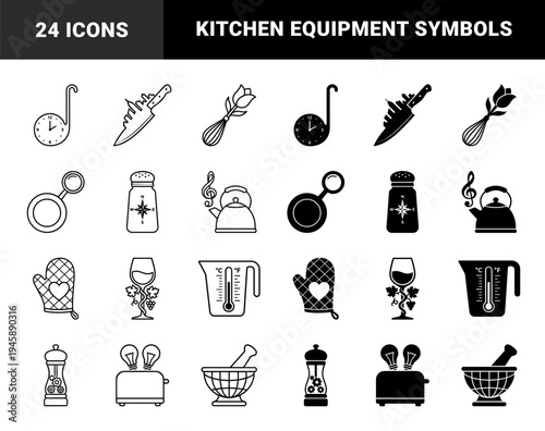 Hybrid culinary and kitchen equipment icons merging cooking tools with abstract concepts like time measurement navigation and nature in outline and solid styles