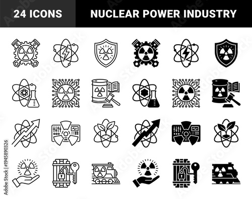 Nuclear energy and atomic science hybrid icon set featuring radioactive symbols merged with industrial gear pistons laboratory flasks and circuit boards