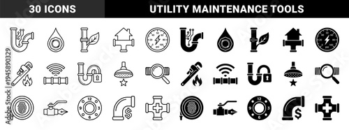Plumbing and smart home utility hybrid icons featuring pipe connections merged with digital sensors energy meters and eco friendly leaf symbols