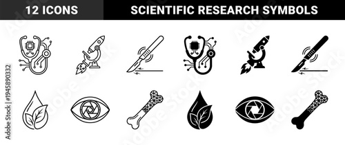 Biomedical engineering and futuristic medical laboratory icons featuring stethoscope circuit board microscope rocket and genetic bone structure