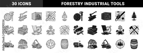 Hybrid forestry and precision timber engineering icon set featuring wood grain calipers chainsaw circuitry and reforestation technology concepts