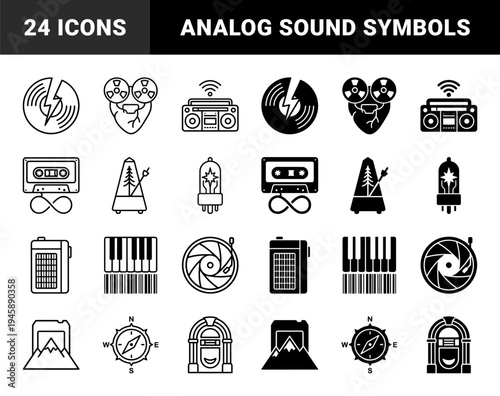 Hybrid music and audio icons merging analog sound equipment with organic metaphors featuring heart reels cassette loops and piano barcode keys