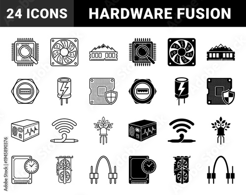 Hybrid Hardware and Ecological Technology Concept Icons Featuring Processor Magnifying Glass Cooling Fan Binary RAM Mountain and Solar Power Graphic Card