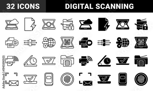 Cloud integrated scanner and digital document processing icons featuring data synchronization and secure office equipment in outline and solid styles