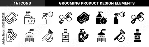 Hybrid Personal Care and Grooming Symbols Combining Essential Hygiene Items with Nature and Time Elements in Outline and Solid Styles