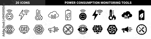Hybrid energy and smart home monitoring symbols combining power consumption with wireless connectivity climate control and solar hardware design
