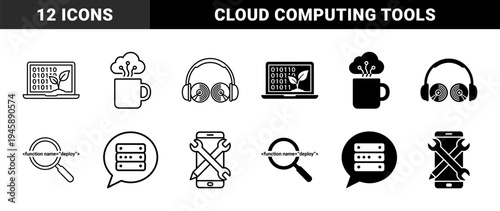 Hybrid digital and organic icons merging laptop with plant growth cloud computing coffee mug and magnifying glass with software deployment code