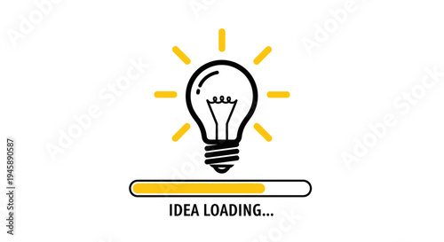 Lightbulb icon illuminates while idea loading bar progresses toward completion on white.
