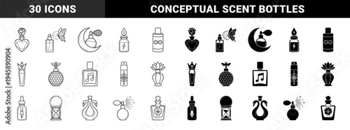 Collection of creative perfume bottle symbols featuring hybrid metaphors like honey bee fragrance floral notes musical scent and cosmic moon elements