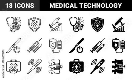 Biomedical engineering and medical technology icons merging healthcare symbols with electronic circuitry and digital hardware components in a hybrid style