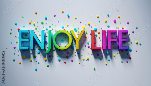 Colorful playful typography design that reads enjoy life surrounded by vibrant dots and splashes perfect for conveying positive energy creativity and joy in various contexts