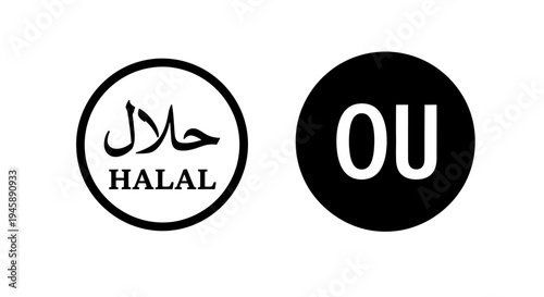 Black and white certification icons display Halal food compliance next to a circle with the.