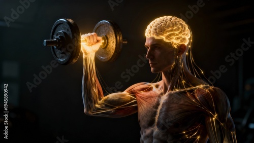 A muscular man with a glowing brain and neural network lifting a dumbbell in a dark gym on transparent background