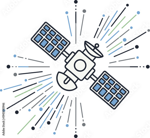 Satellite communication technology illustration, modern space satellite with solar panels and signal rays, vector science aerospace network concept
