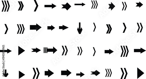 A detailed arrangement of various black arrow and chevron shapes presented on a pure white surface