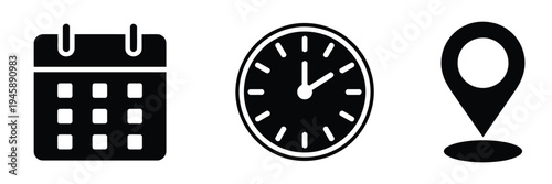 Address Time Date Icons Set, Address Location Icon, Clock Icon, Calendar Icon, Time Date and Address Icon Collection, Calendar Clock Location Symbols, Editable Stroke Vector