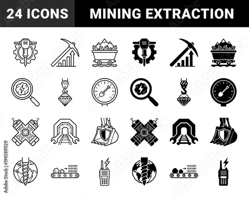 Mining and Digital Extraction Hybrid Concept Design Featuring Jackhammer Gears Drill Earth and Data Conveyor Belt Symbols in Outline and Solid Styles