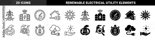 Hybrid Smart Energy and Sustainable Power Grid Icons Featuring Integrated Battery Storage Renewable Wind Turbines and Eco Friendly Electric Infrastructure