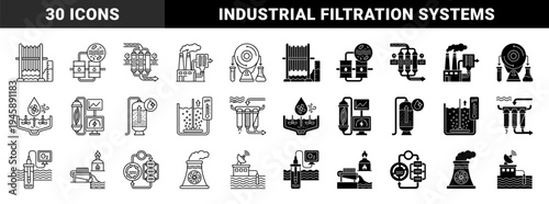 Industrial water treatment and wastewater management icons featuring filtration systems membrane technology bioreactor tanks and chemical processing equipment