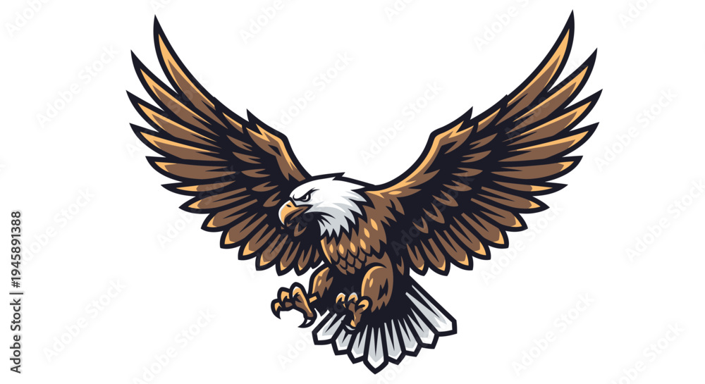 Fototapeta premium Soaring eagle with wings spread against white background graphic