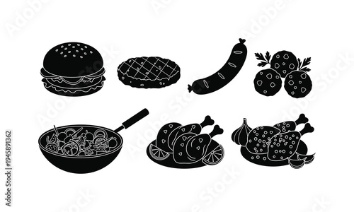 Black and white illustration of various traditional comfort foods and dishes
