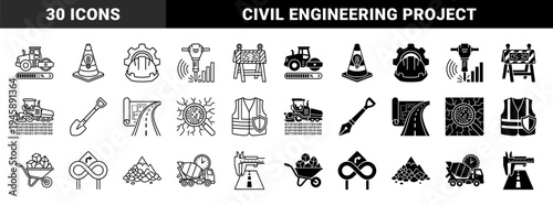 Construction and Engineering Hybrid Symbols Merging Heavy Machinery with Data Progress Bars Circuitry and Timing Elements in Minimalist Style