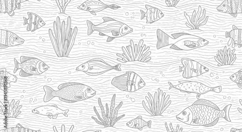 Underwater scene illustration with various fish and aquatic plants seamless pattern