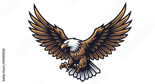 Soaring eagle with wings spread against white background graphic