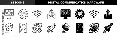 Hybrid global network and data infrastructure icons merging computer hardware with cloud connectivity and high speed transmission symbols