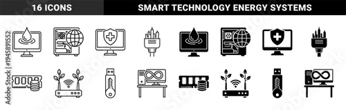 Hybrid Technology Symbols Merging Hardware with Global Connectivity Data Security Organic Growth and Energy Infrastructure in Line and Solid Styles