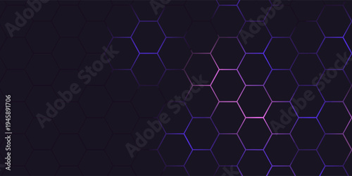 Dark hexagon abstract technology background with purple colored bright flashes under hexagon. Hexagonal gaming vector abstract tech background.