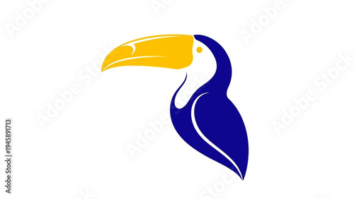 Stylized toucan illustration with vibrant blue and yellow colors on a white backdrop