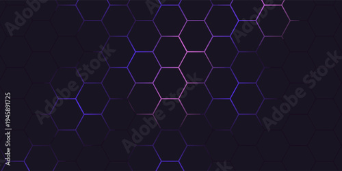 Dark hexagon abstract technology background with purple colored bright flashes under hexagon. Hexagonal gaming vector abstract tech background.