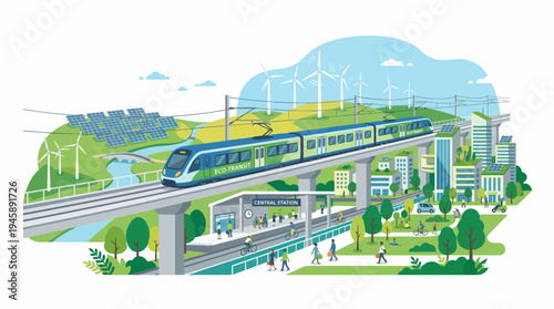 Eco friendly train transportation in green city with renewable energy sources