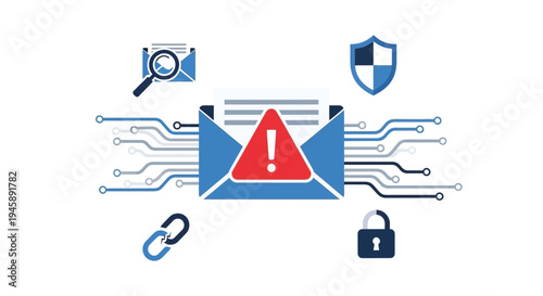 Email security concept with warning symbols and connected circuits