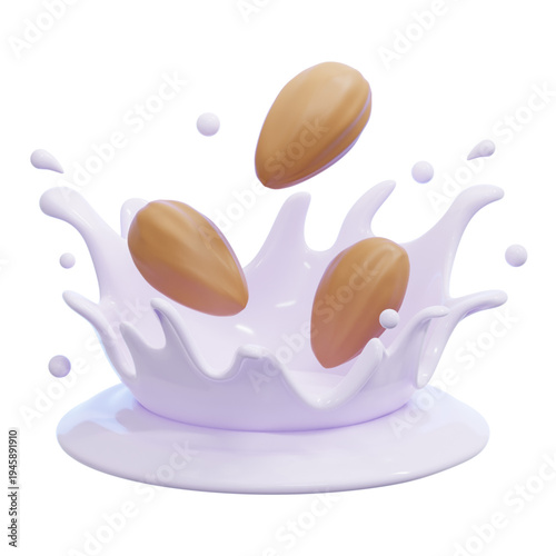 Almond milk splash with almonds falling into the liquid, 3D render