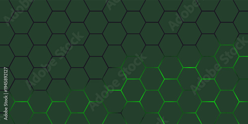 Dark green horizontal hexagonal technology abstract vector background. Green bright energy flashes under hexagon in futuristic modern technology wide banner. Dark tech honeycomb texture grid.