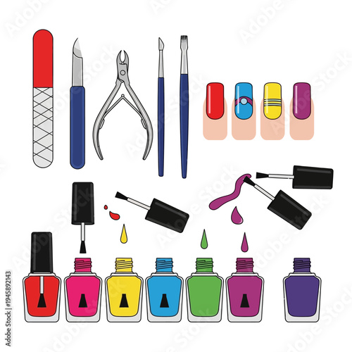 Nail care tools and colorful polish bottles vector illustration