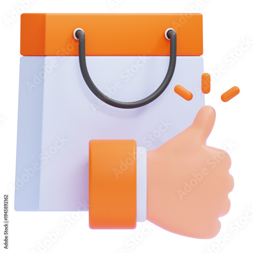 Abstract 3D graphic illustrating a shopping bag accompanied by a thumbs-up sign, conveying positive feedback and successful e-commerce transactions