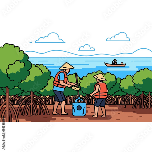 People cleaning marine environment with protective gear vector illustration