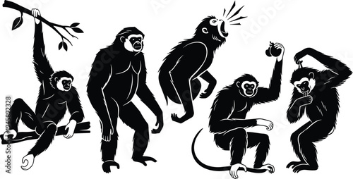 Primate illustrations, black and white, fruit gesture, vocal pose, tree hanging, upright stance, cartoon style, animal design, character set