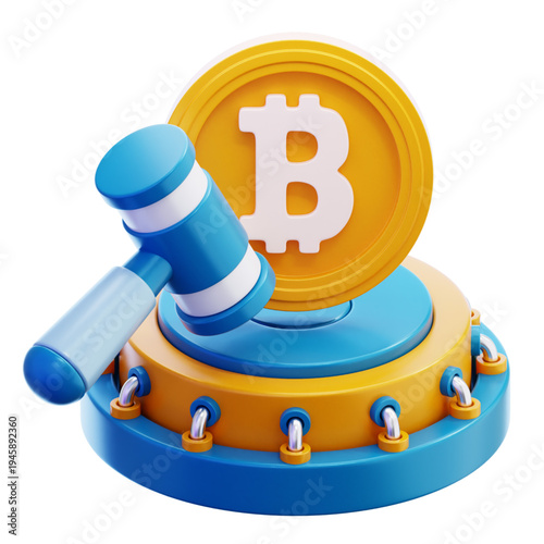 3D illustration of a gavel poised over a digital currency coin on a mechanical platform, symbolizing cryptocurrency market control, valuation, and automated financial processing